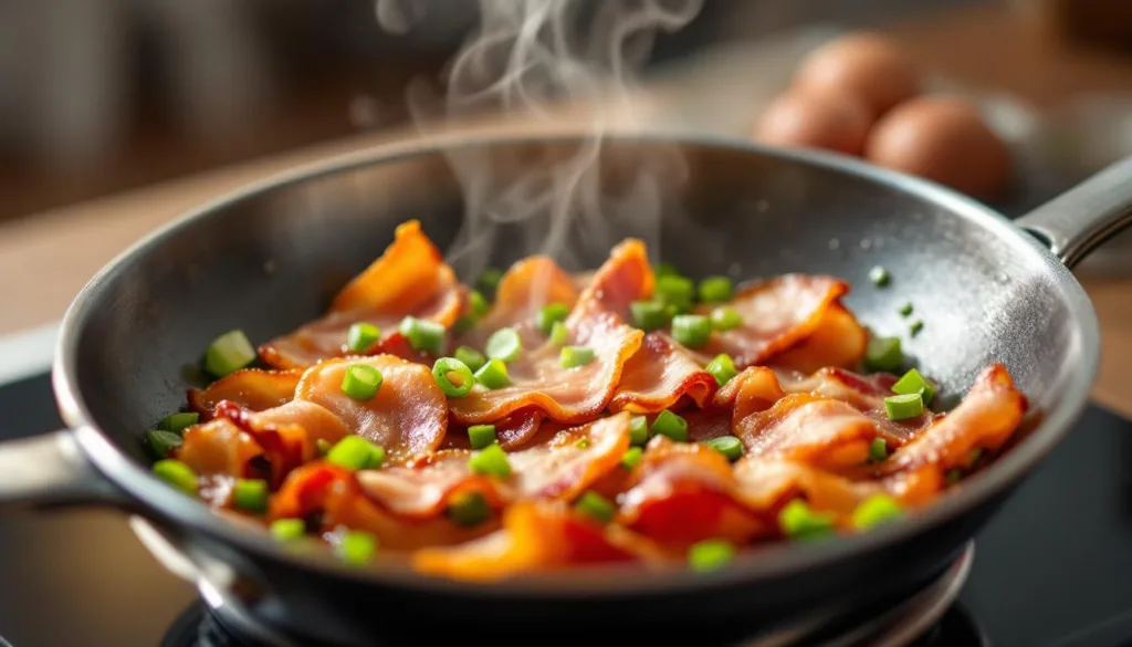 eine mutter teilt ihr einfaches und leckeres rezept für pfannenpfanne mit lauch und speck, das jeden am tisch begeistert. perfekt für gemütliche familienessen!
